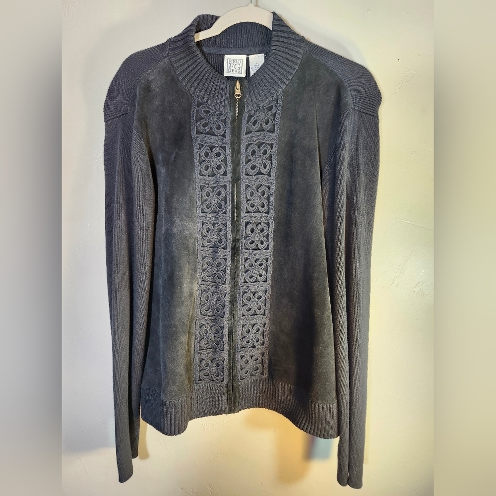 Field Gear Black Sweater Front & Leather with Intricate‎ Design Zip Front Sz XL